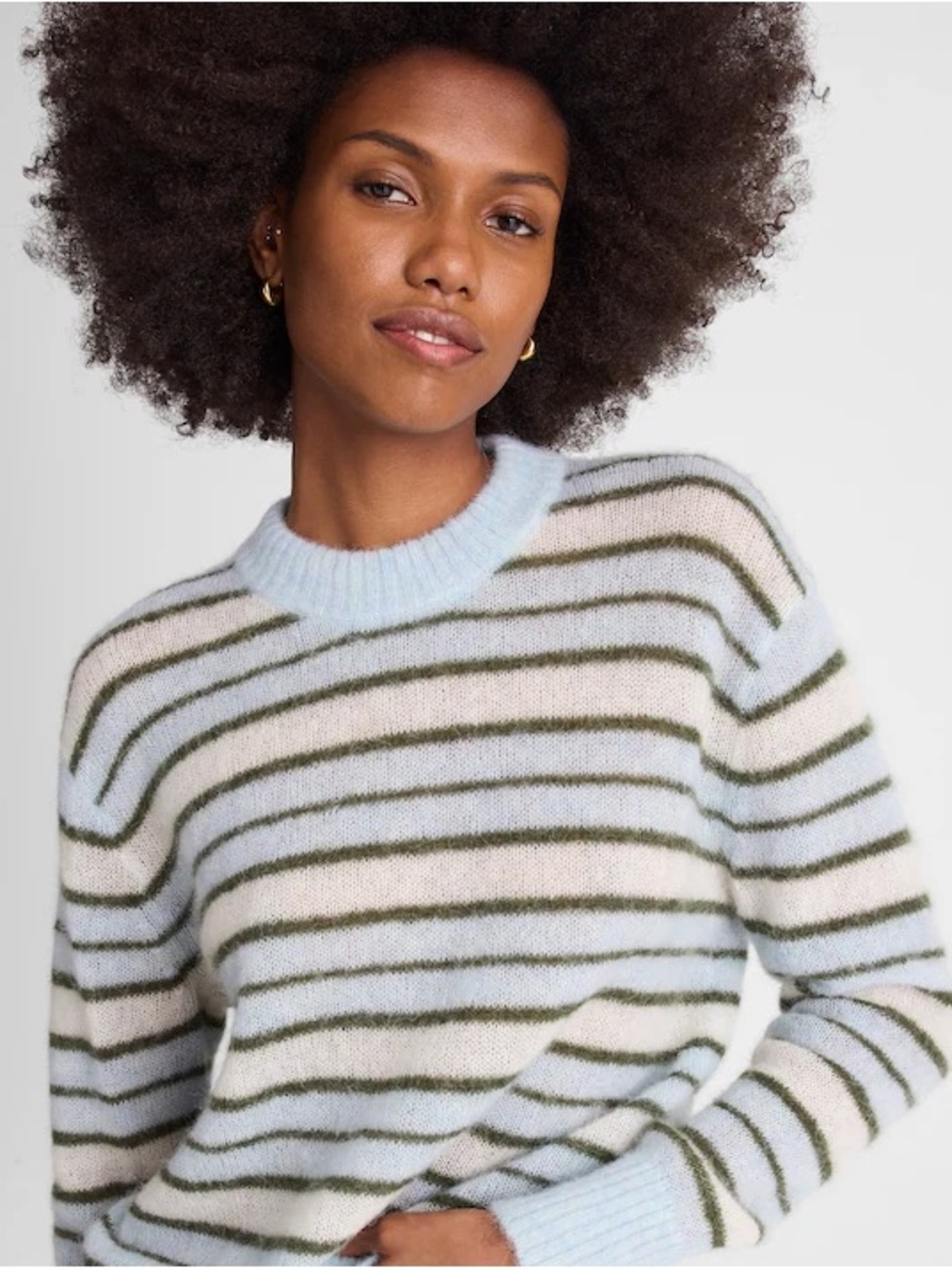 Madewell Light Blue, Cream & Olive Striped Crewneck Sweater